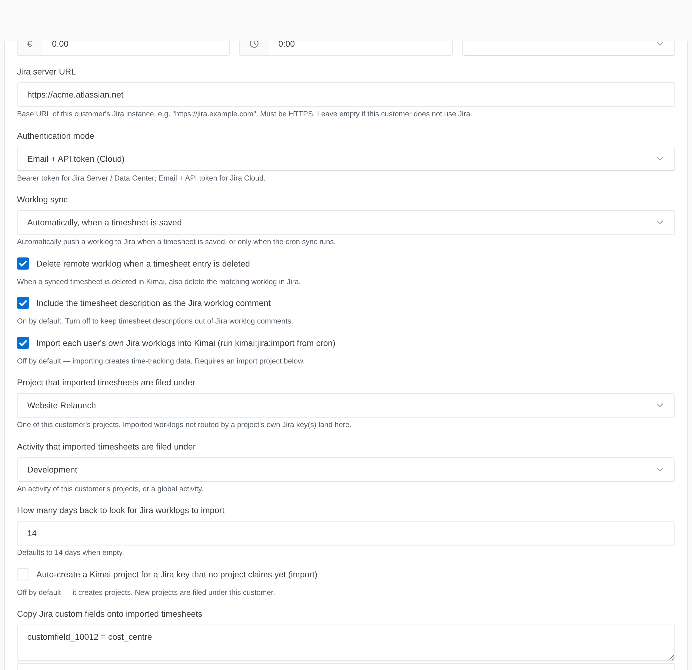 A customer's Jira settings showing connection, sync, import, auto-create, and custom-field
fields.